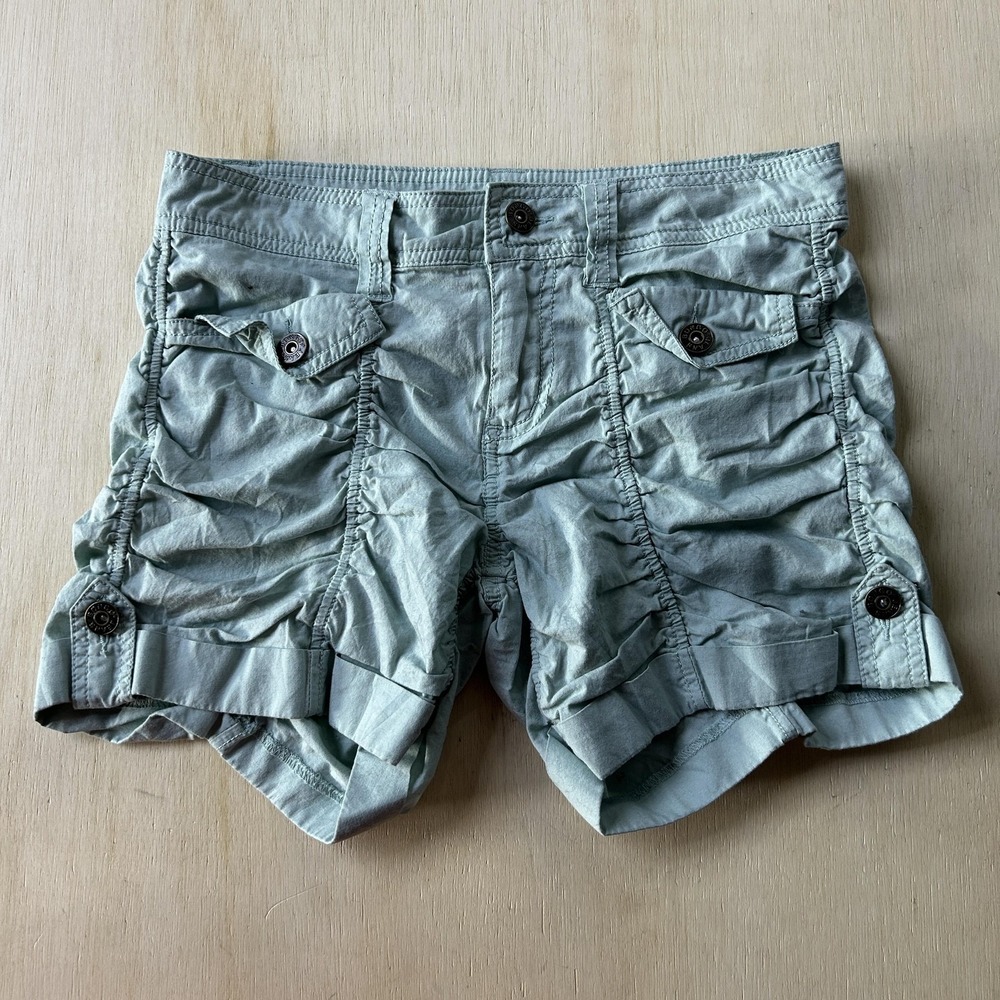 Bongo Shorts Womens 1 26W Green Twill Cargo Ruched Cuffed Casual Summer Pockets